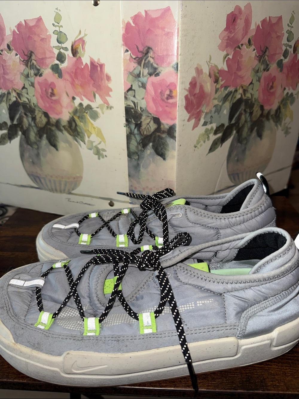 Nike Light Gray Slip-On Sneakers with Neon Green Tabs